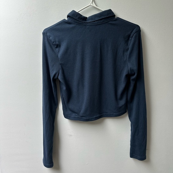 Ardene Long Sleeve Navy Button Up Crop Top with White Buttons - Picture 4 of 4